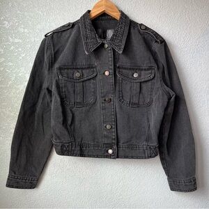 BBJ Los Angeles Black Cropped Military Style Distressed Denim Jacket Size L